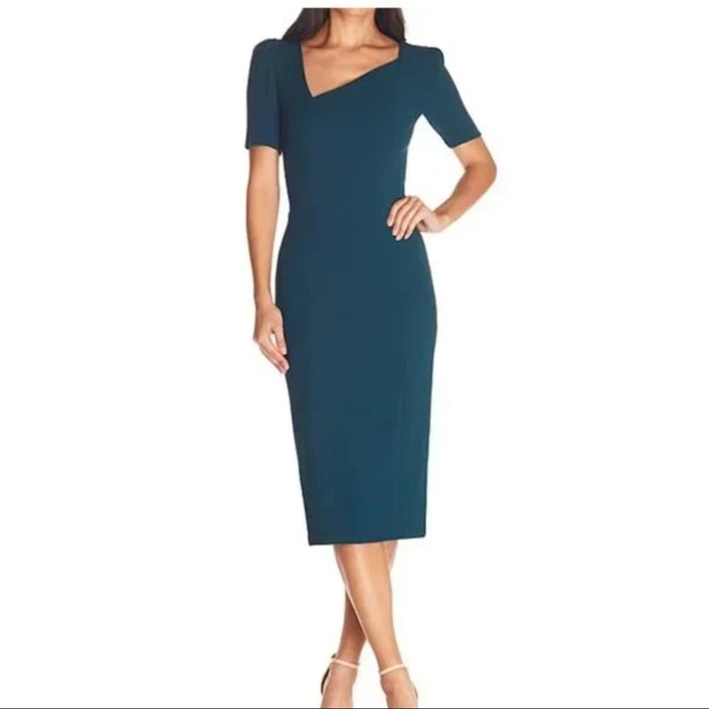 Dress The Population Ruth Asymmetrical Neck Midi Dress in Dark Green